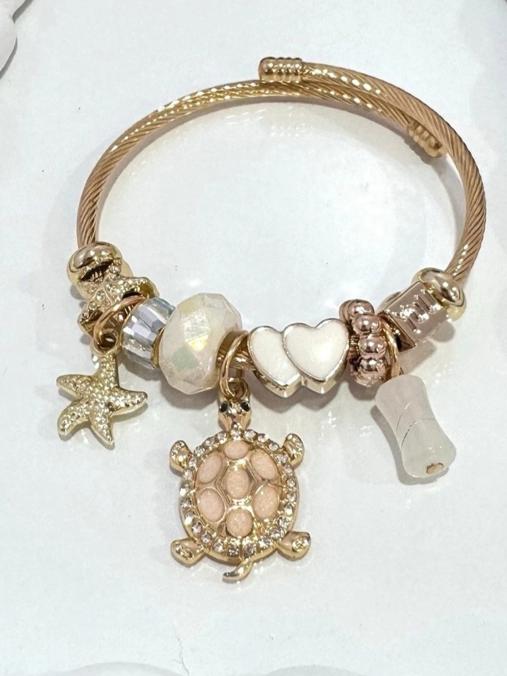 New Gold & Pink Turtle Cuff Charm Bracelet